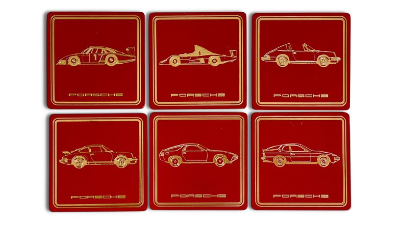 For Sale Martini Set: Numbered Six Glass Set with Factory Porsche Leather Coasters