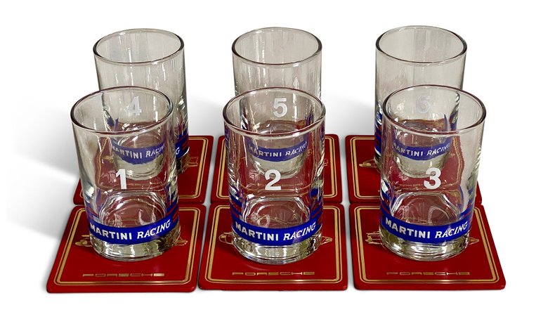 For Sale Martini Set: Numbered Six Glass Set with Factory Porsche Leather Coasters