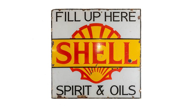 Broad Arrow Auctions | Shell Fill Up Here Enamel Sign