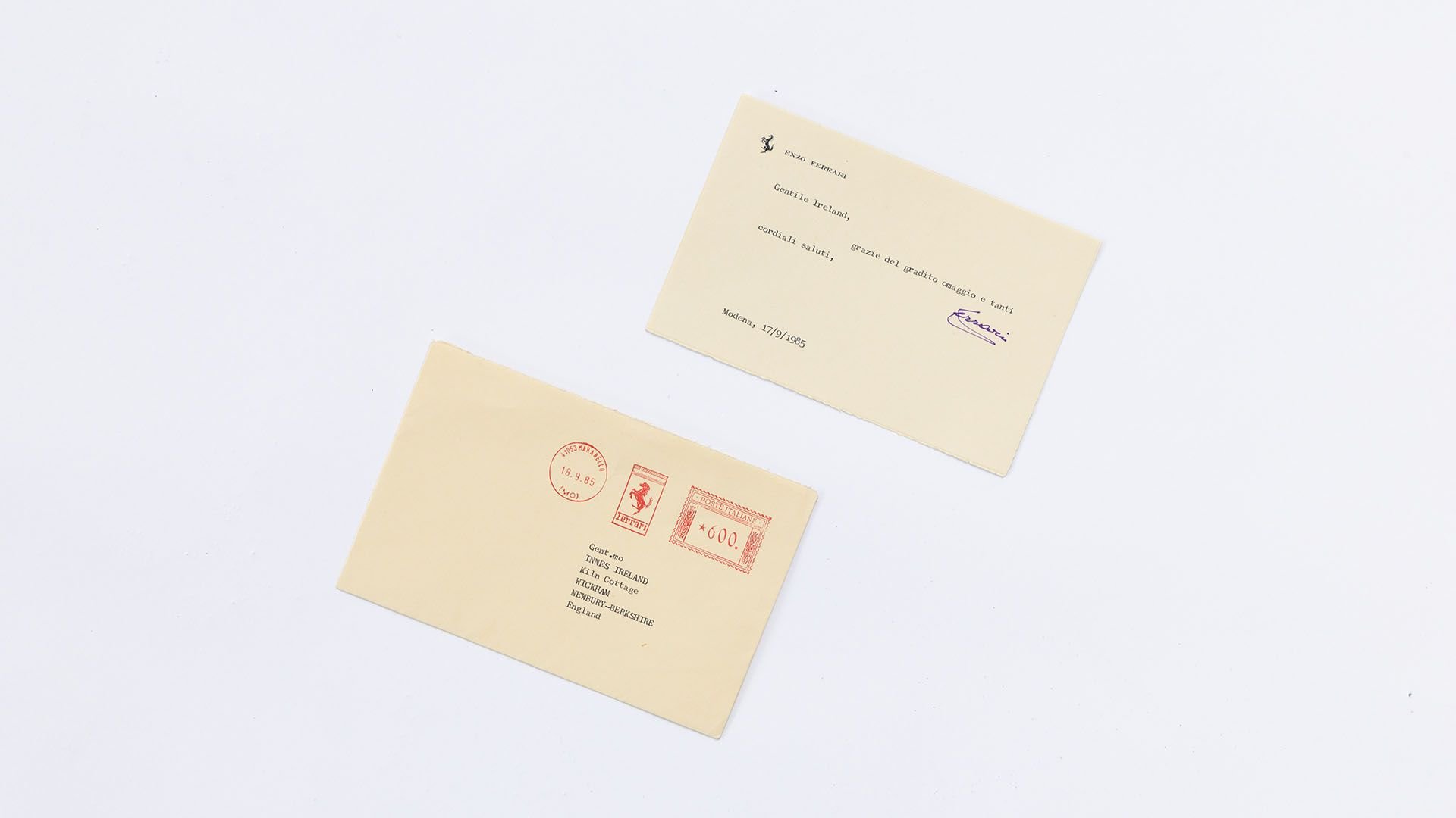 Broad Arrow Auctions | 1985 Enzo Ferrari Signed Card to Innes Ireland