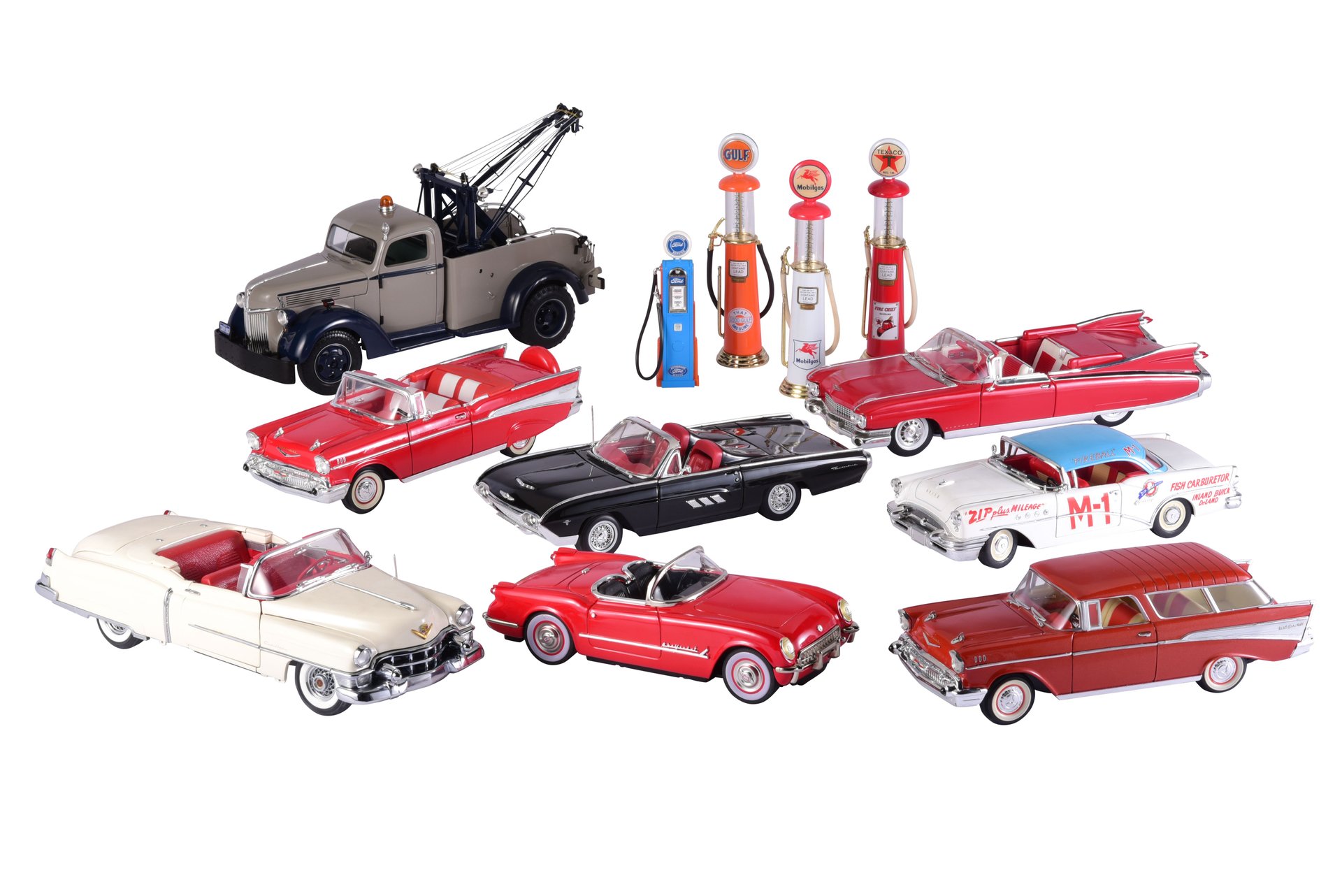 For Sale Group of American Cars Tow Truck, and 4 Gas Pumps