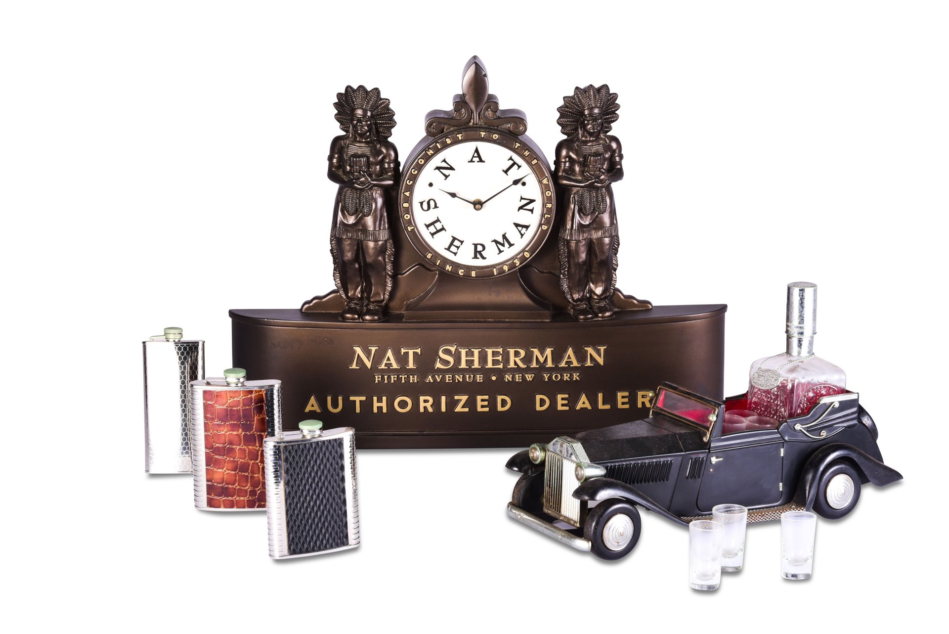 For Sale Music Box Decanter and Newer Nat Sherman Clock