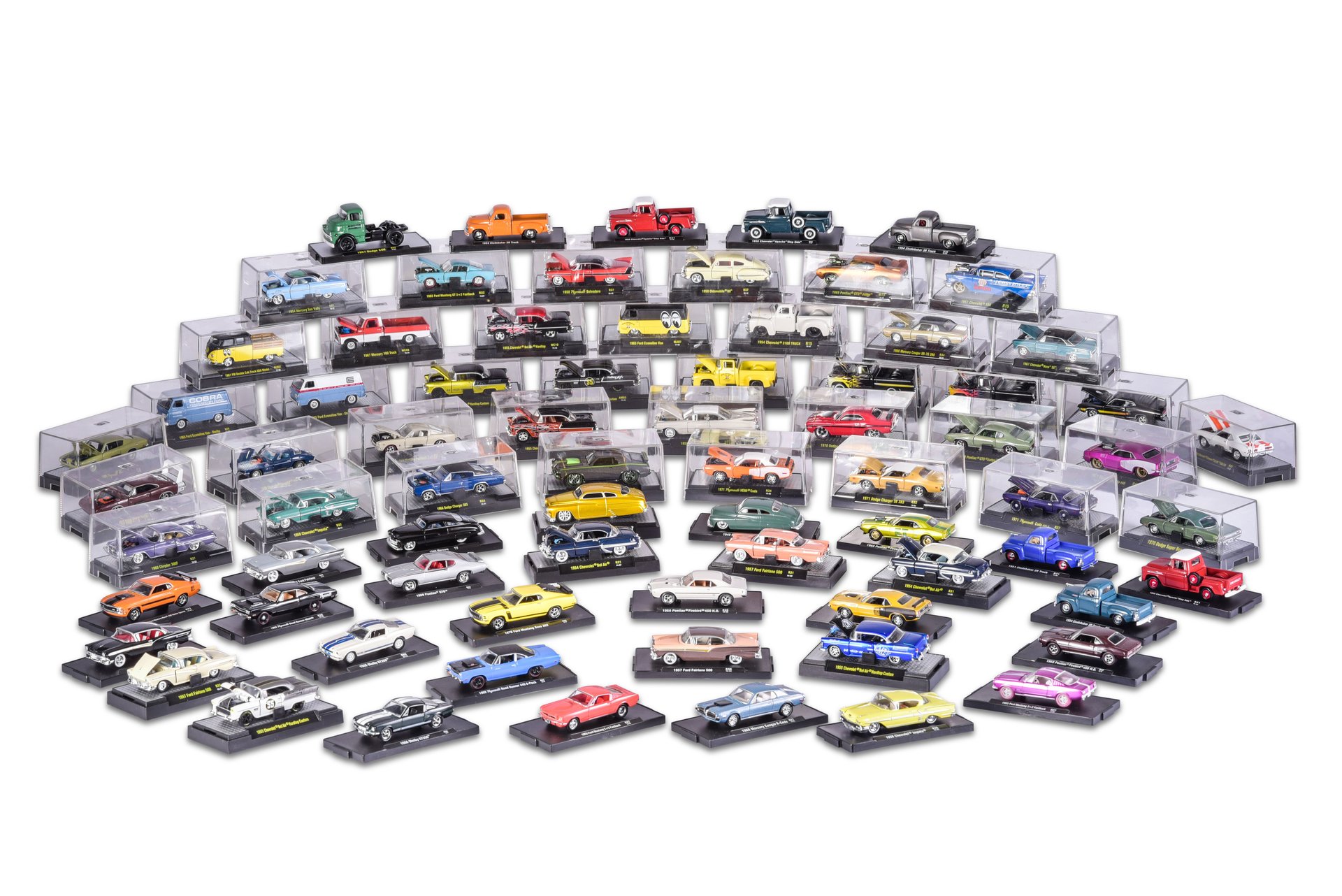 For Sale Group of Assorted Cars in Display Cases and Stands