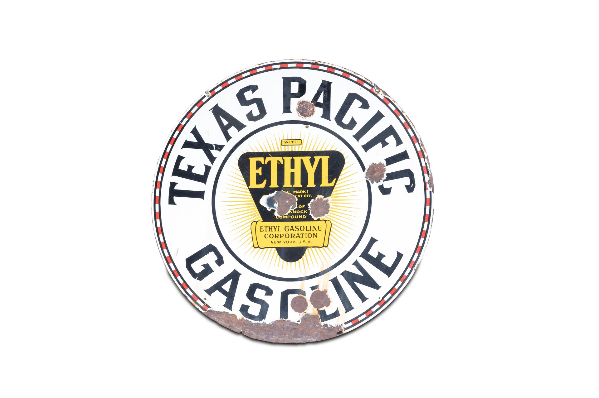 Broad Arrow Auctions | 'Texas Pacific Gasoline' Porcelain Sign, Double-Sided