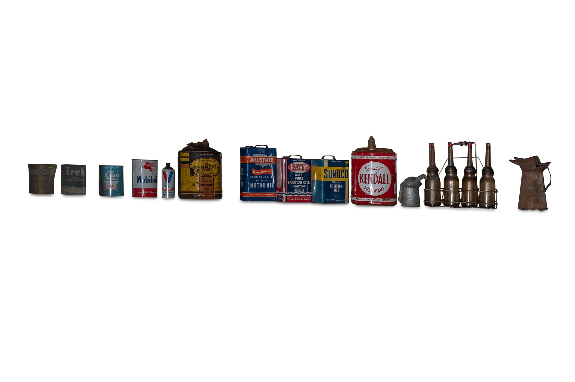 For Sale 11 Gas Tins with Full Set of Glass Oil Bottles with Carry Container