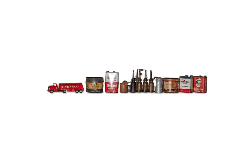 8 Gas Tins with Set of 4 Glass and One Metal Oil Bottle and Texaco Tin ...