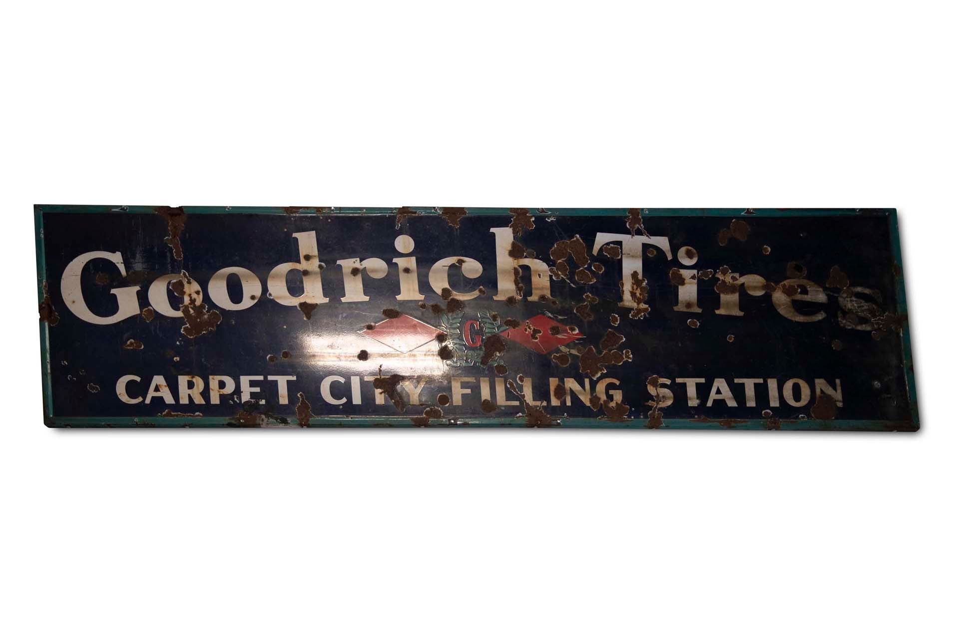 For Sale Large 'Goodrich Tires', Carpet City Filling Station' Porcelain Sign