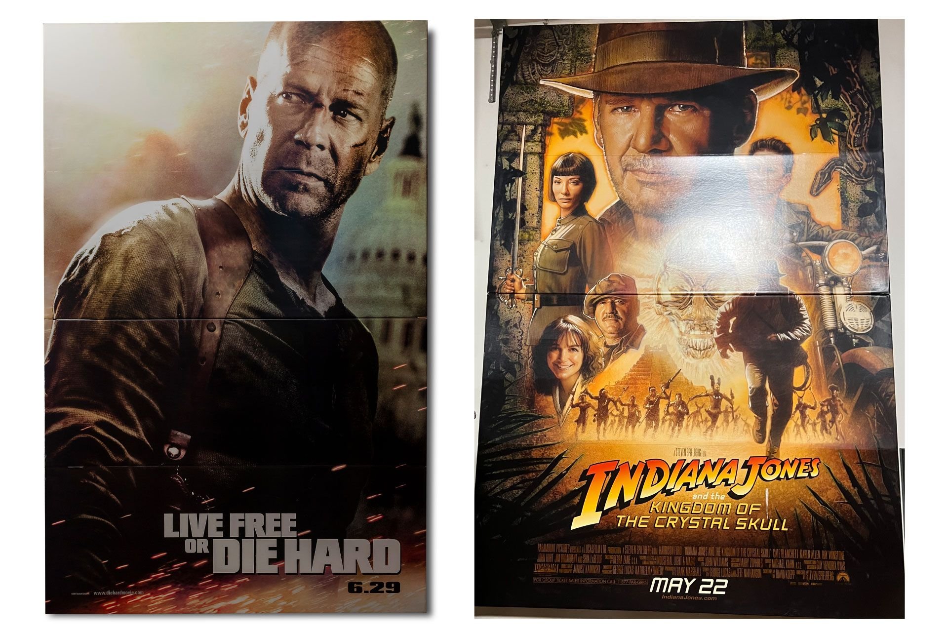 For Sale Pair of Large Cardboard Movie Theatre Displays (1) Live Free or Die Hard (2) Indiana Jones