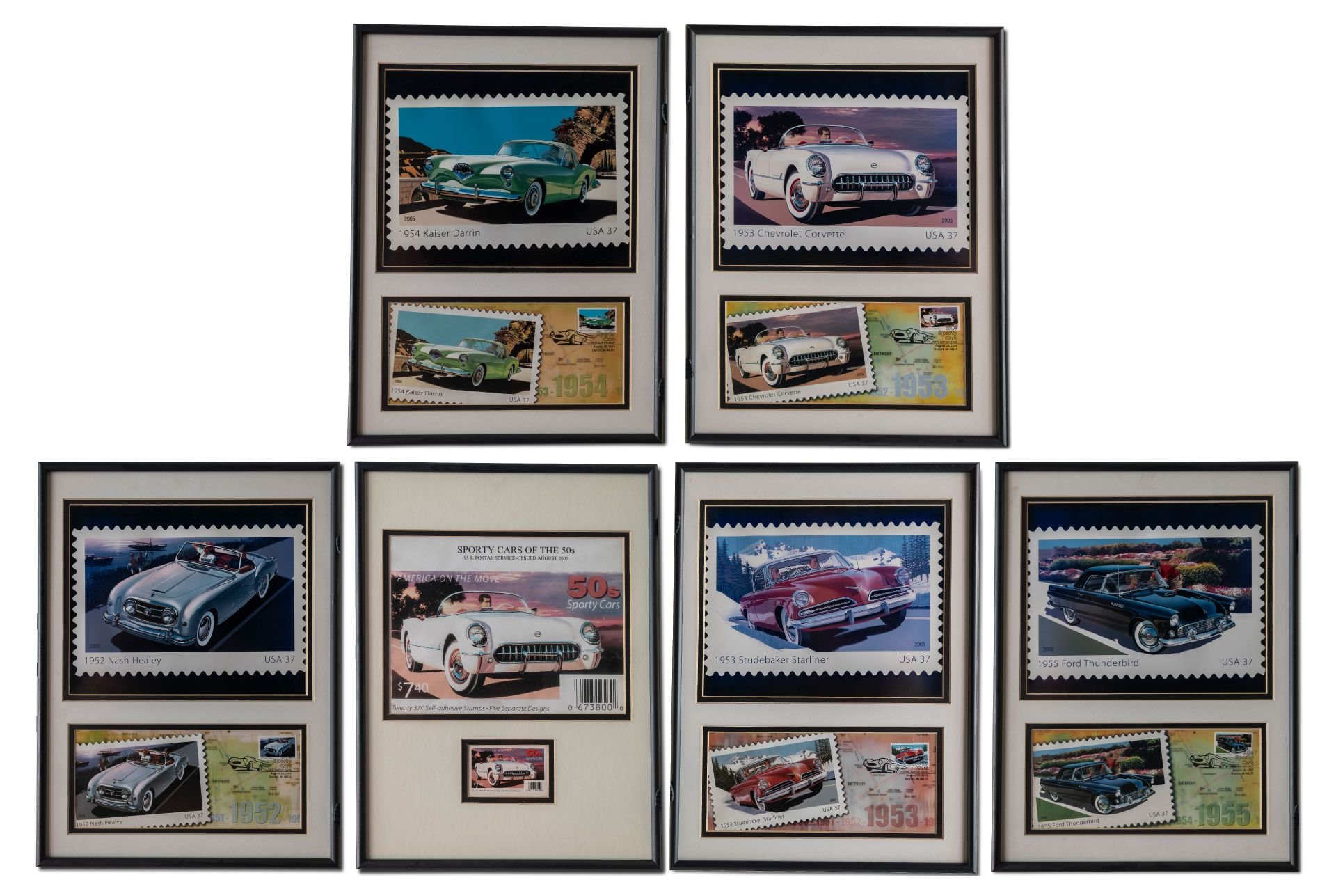 For Sale Group of Six Framed Stamp Car Prints