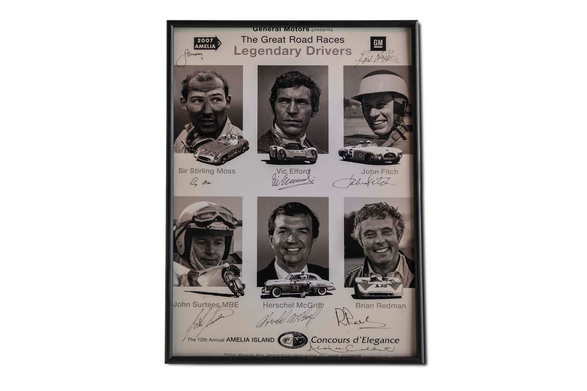Broad Arrow Auctions | Framed 'Amelia Island Concours, The Great Road Racers Legendary Drivers' Signed Poster