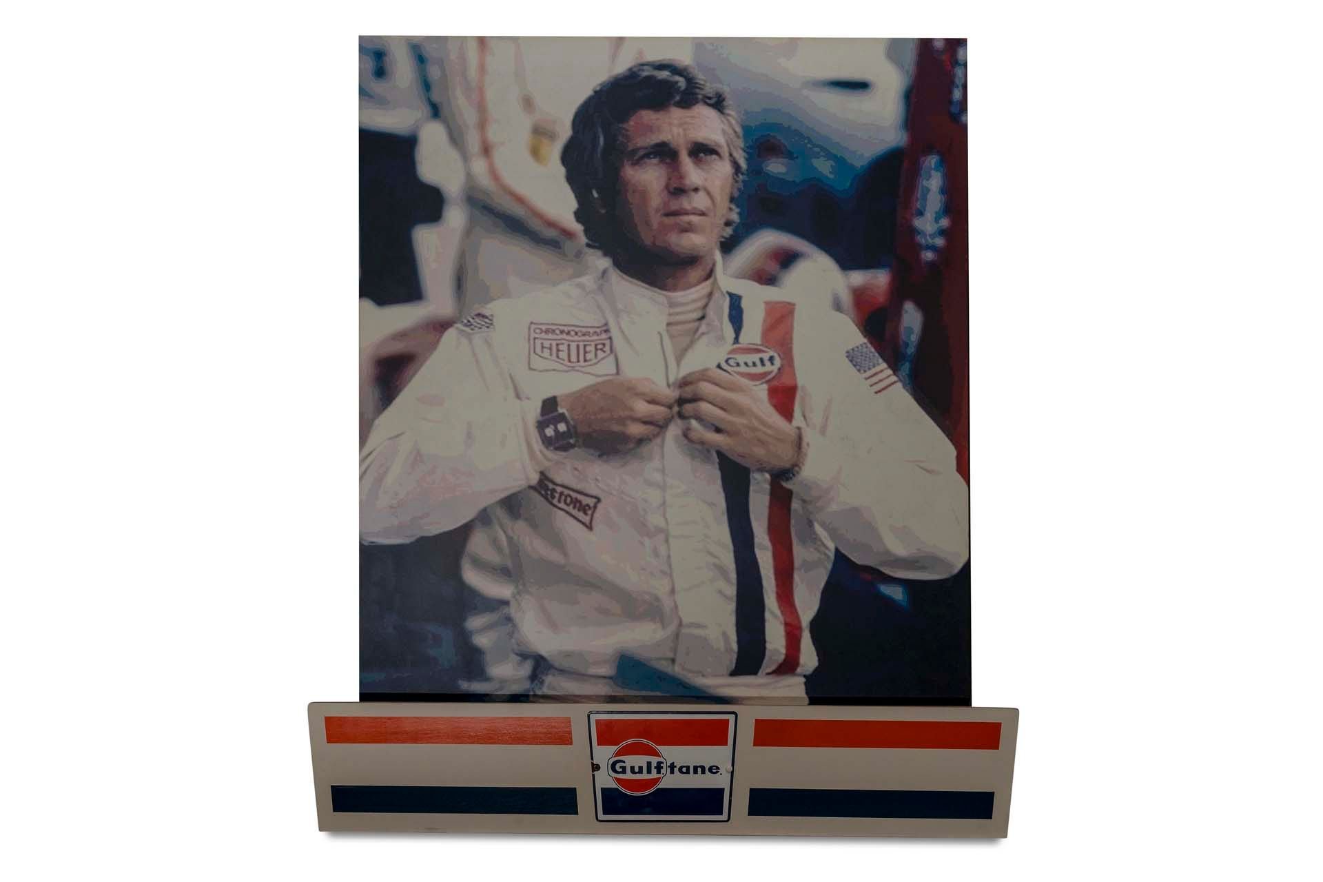 Broad Arrow Auctions | Large Modern Display of Steve McQueen Le Mans Print with custom Gulf Stand