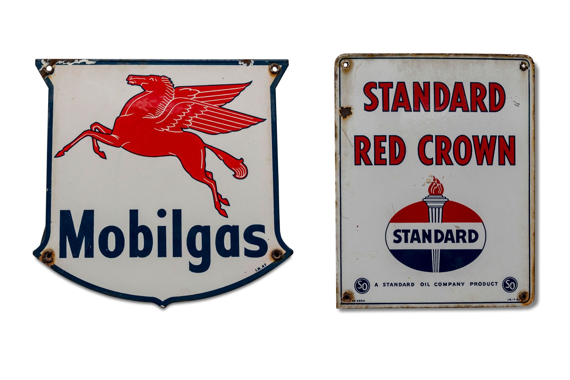 Broad Arrow Auctions | Pair of two 'Mobilgas and Red Crown Gasoline' Porcelain Signs