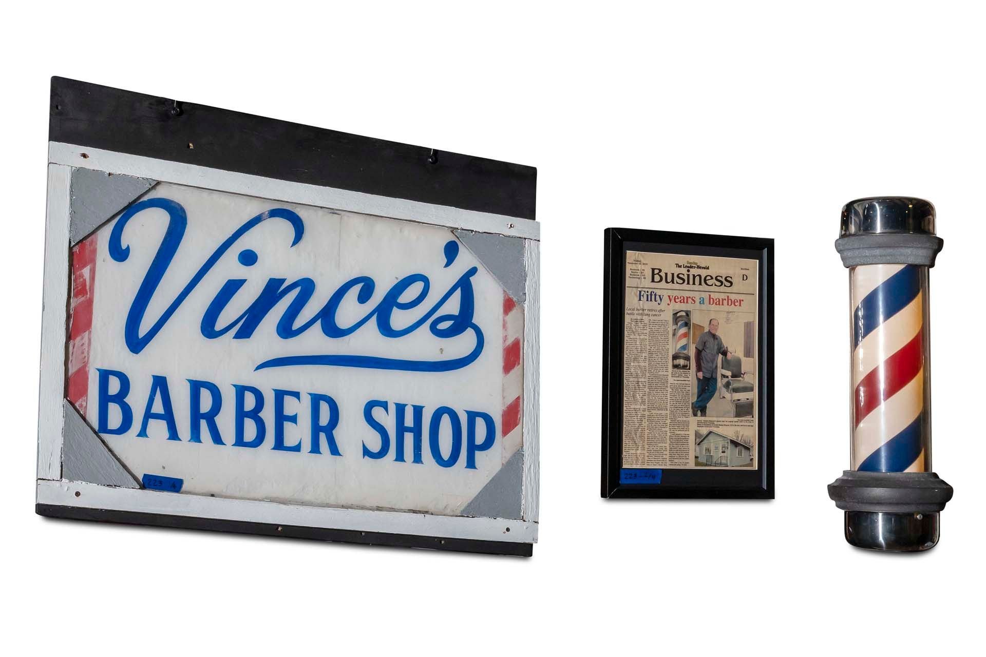 For Sale Assorted Vince's Barber Shop Signage with Newspaper Article, Sign, Functioning Barber Shop Pole