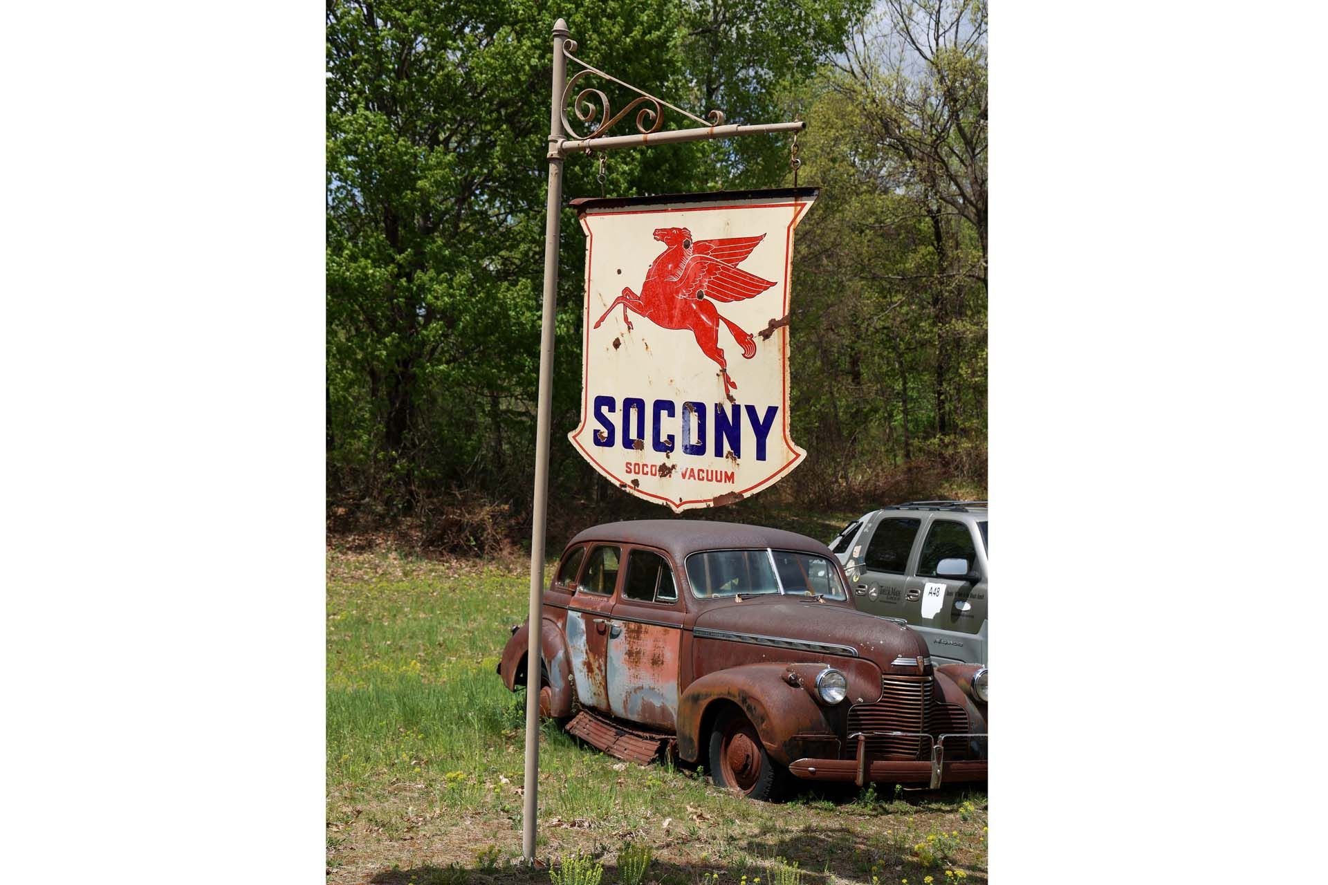 Broad Arrow Auctions | Large Socony Double-Sided Porcelain Hanging Sign with Pole