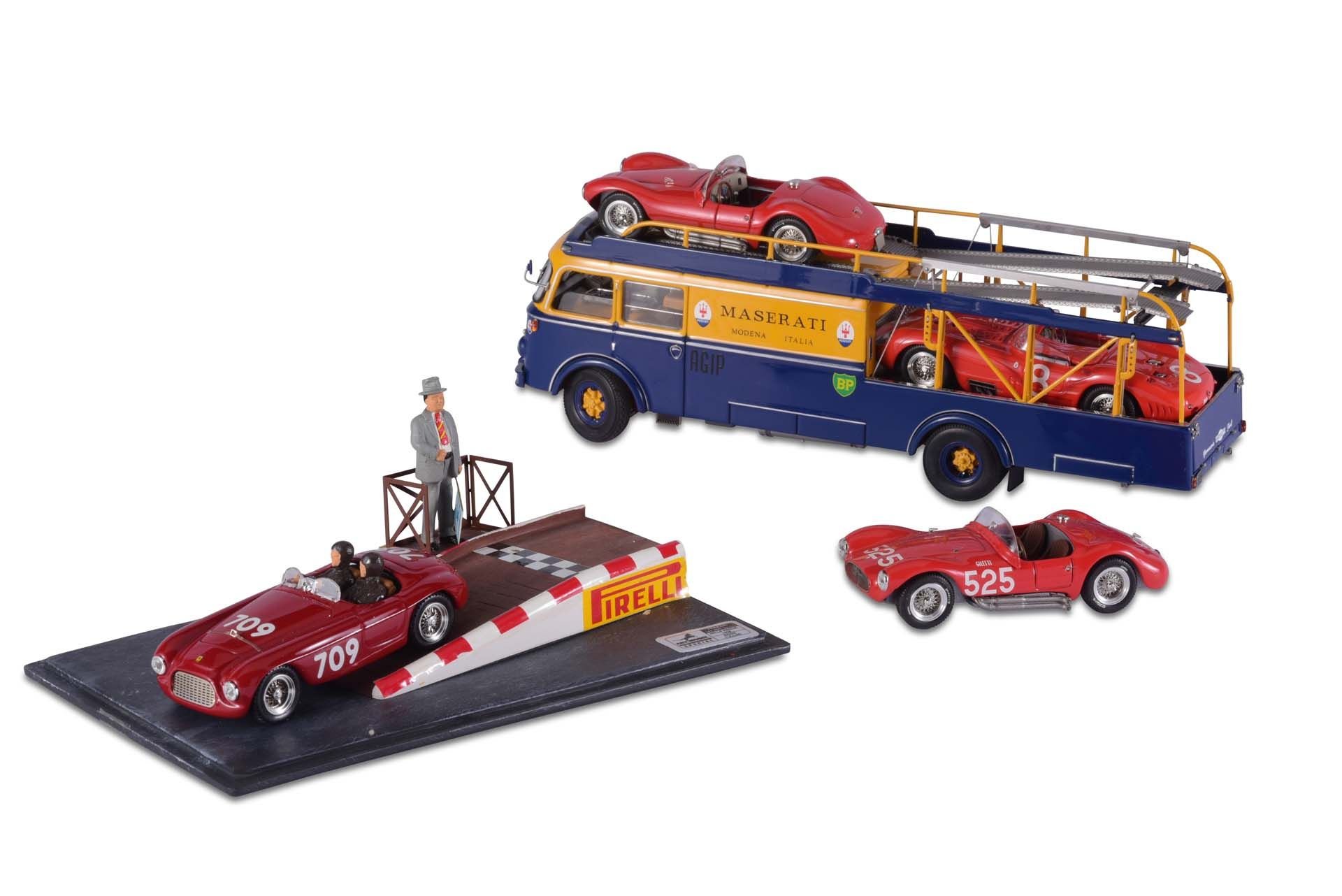 For Sale Pair of Models including Maserati Transporter with three model Maseratis and Ferrari racing model