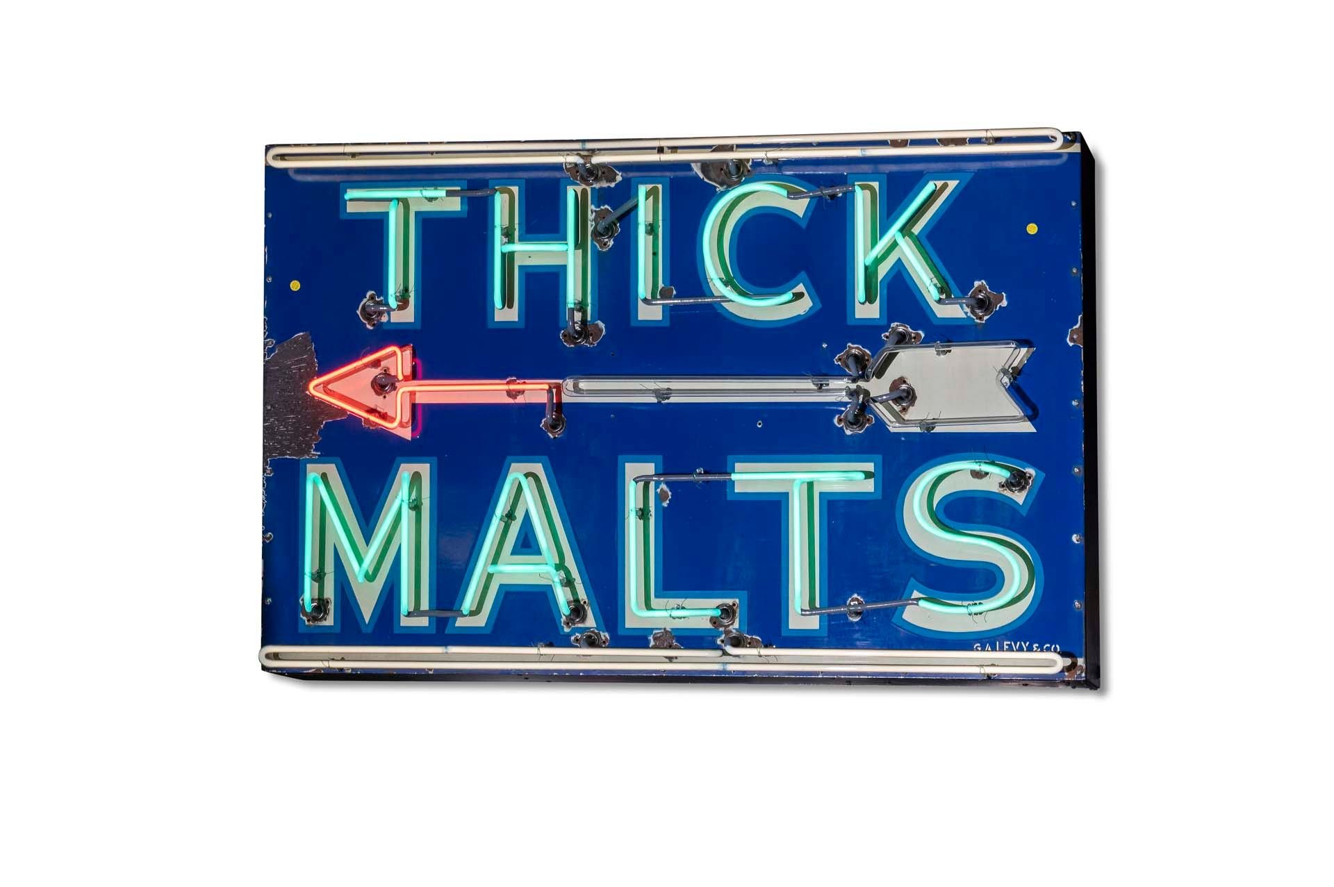 Broad Arrow Auctions | 'Thick Malts' Flashing Porcelain Neon Sign
