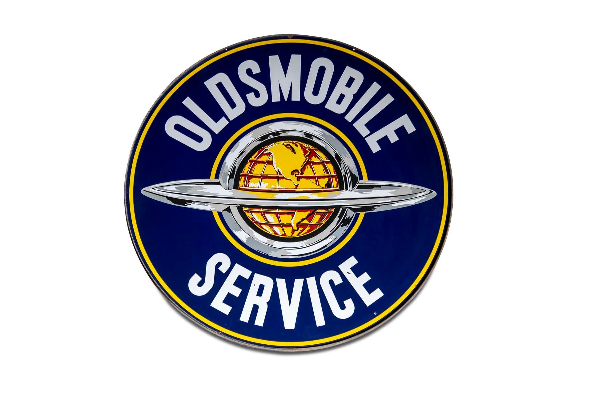 For Sale Large 'Oldsmobile Service' Porcelain Sign, Double-sided, Metal Frame and Brackets