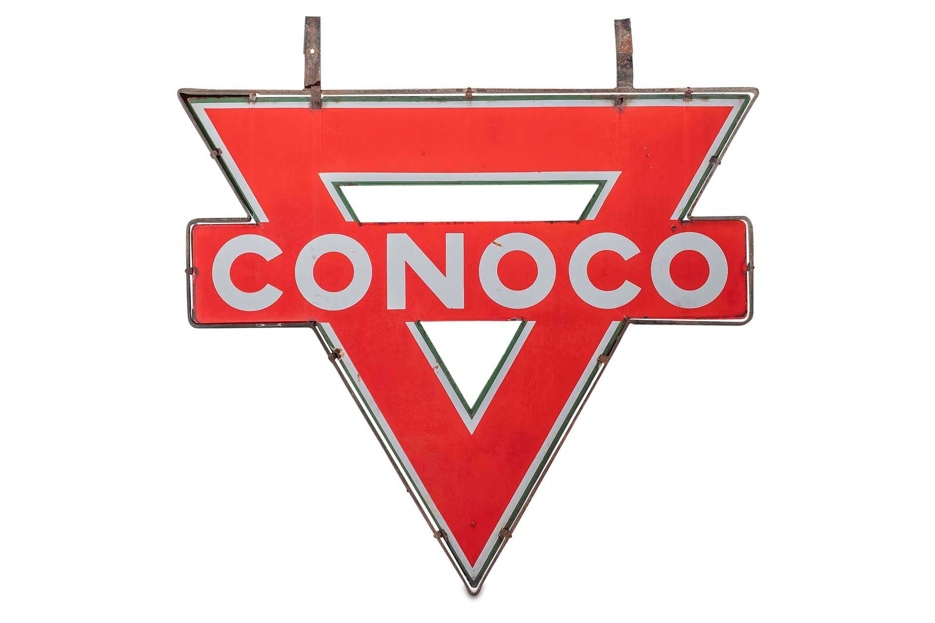 For Sale 'Conoco' Porcelain Sign, Double-Sided, Metal Frame and Brackets