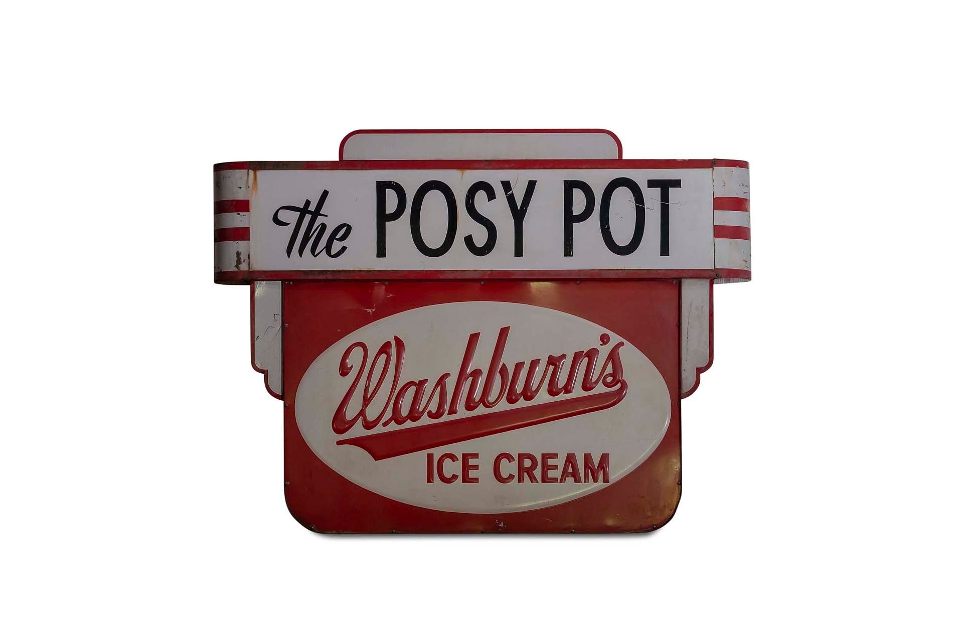 For Sale 'Washburn's Ice Cream, The Posy Pot' Hanging  Metal Sign, Double-Sided