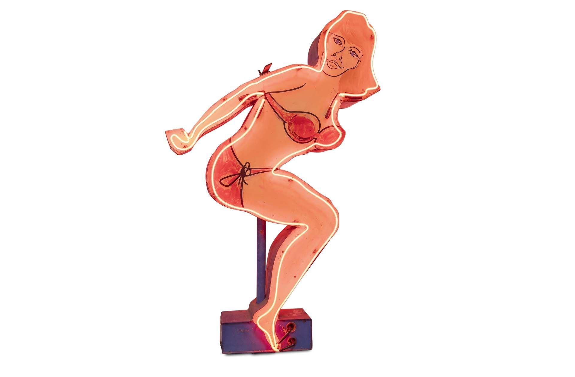 For Sale Kaydeross Park 'Diving Girl' Standing Neon Sign, Double-sided hand painted tin