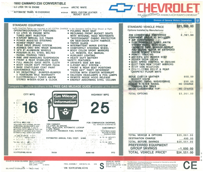 1992 chevrolet camaro z28 convertible