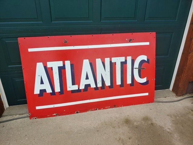  1940s Atlantic Porcelain 2 Sided Sign