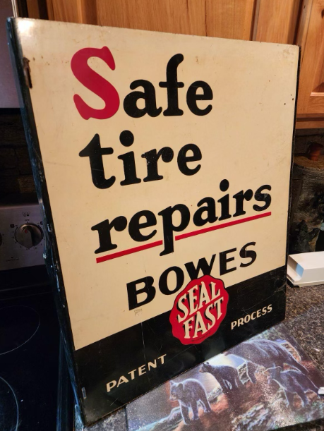  1940s Bowes Tire Repair 2 Sided Flange Sign