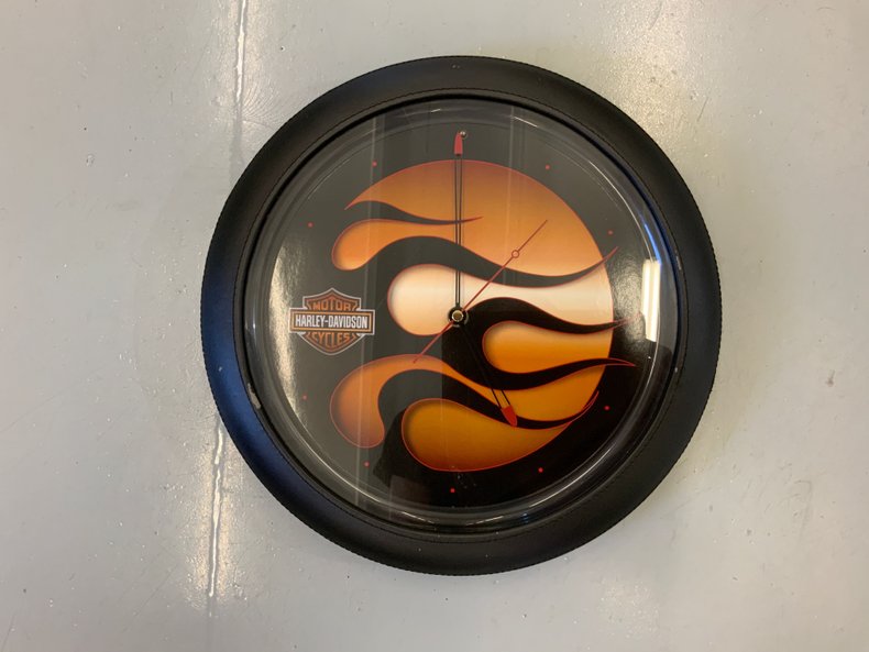 Harley-Davidson Clock Black Flames Orange Background "Leather" Trim #1