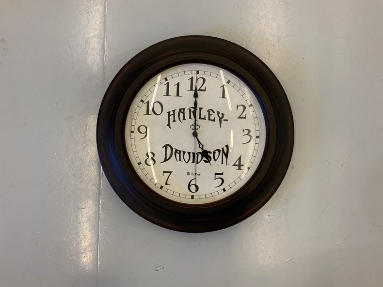 Harley-Davidson Clock Spooky Black Lettering with Wood Style Trim 15 3/4 across