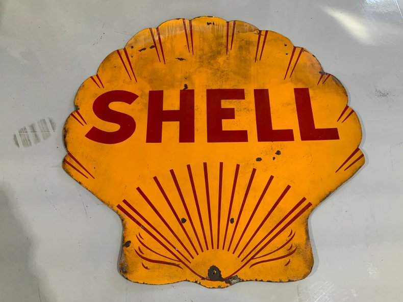 ORIGINAL DOUBLE SIDED RARE SHELL PORCELAIN SIGN LARGE