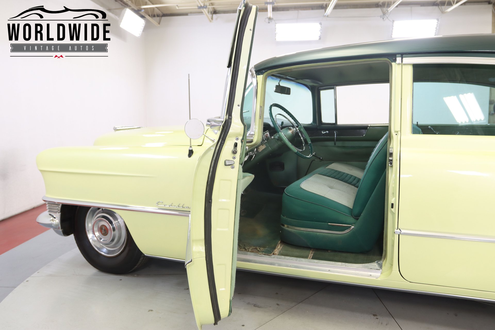 thumbnail interactive-video image 1 of Auto City Classic Front Door Glass - Green Tint For 1954-1956 Cadillac 4-Door Sedan (Series 60/62/75) 1 of 5